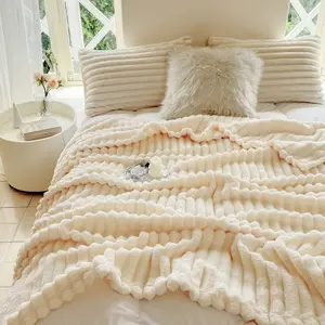 Ultra Soft Ribbed Fleece Blanket Lightweight Cozy Flannel Throw for Couch Bed Sofa All Season Warm Breathable Non-Shedding Anti-Pilling Plush Ribbed Blanket for Living Room Bedroom Travel Office Gift