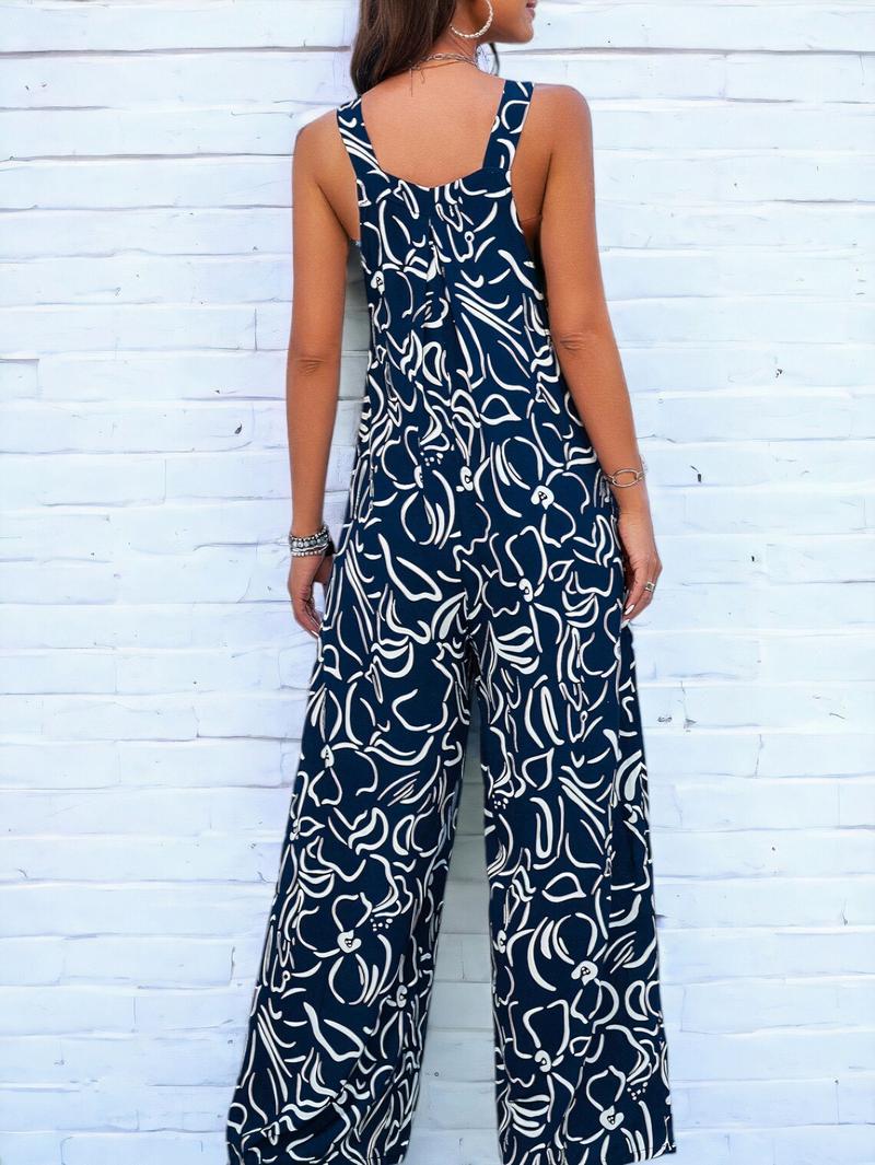 Women's Casual Loose Overalls Jumpsuits One Piece Sleeveless Printed Wide Leg Long Pant Rompers With Pockets 2025 New Baggy Adjustable  Outdoorfun Summertok Vacation Sizes Run Small Thin