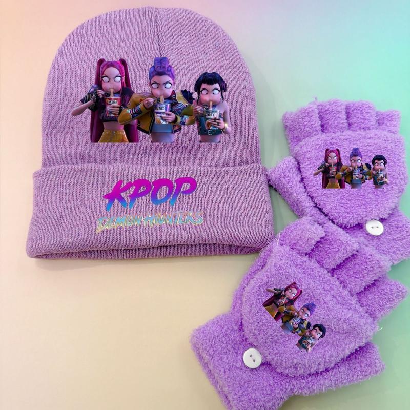 Kpop Anime Emroidered Beanie Hat and Matching Plush Gloves Set Purple Knitted Winter Cap with Rumi Zoey Mira Cartoon Print for Autumn and Winter Wear