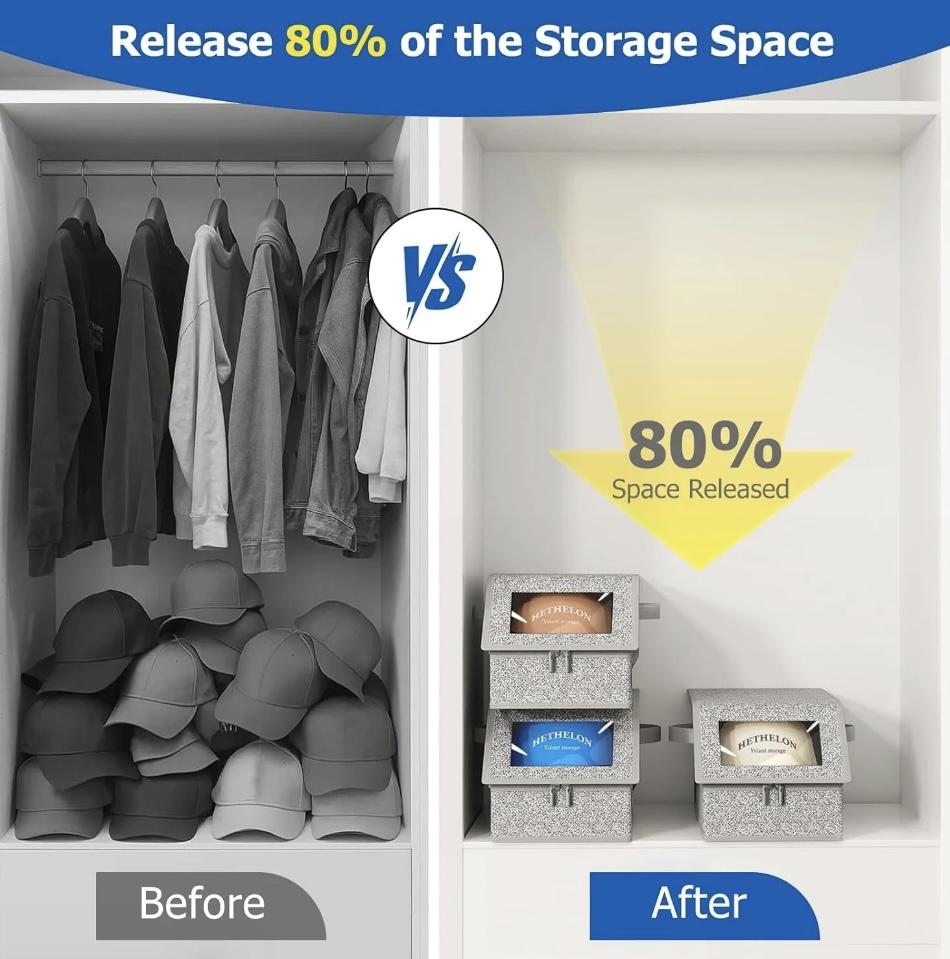 Stackable Baseball Cap Storage Box - Holds 24 Hats, Durable Cardboard Wardrobe Organizer for Men,24-Cap Stackable Hat Box – Classic Style Durable Cardboard Organizer, Ultimate Closet & Home Storage Solution,Heavy-Duty Cardboard Closet Organizer