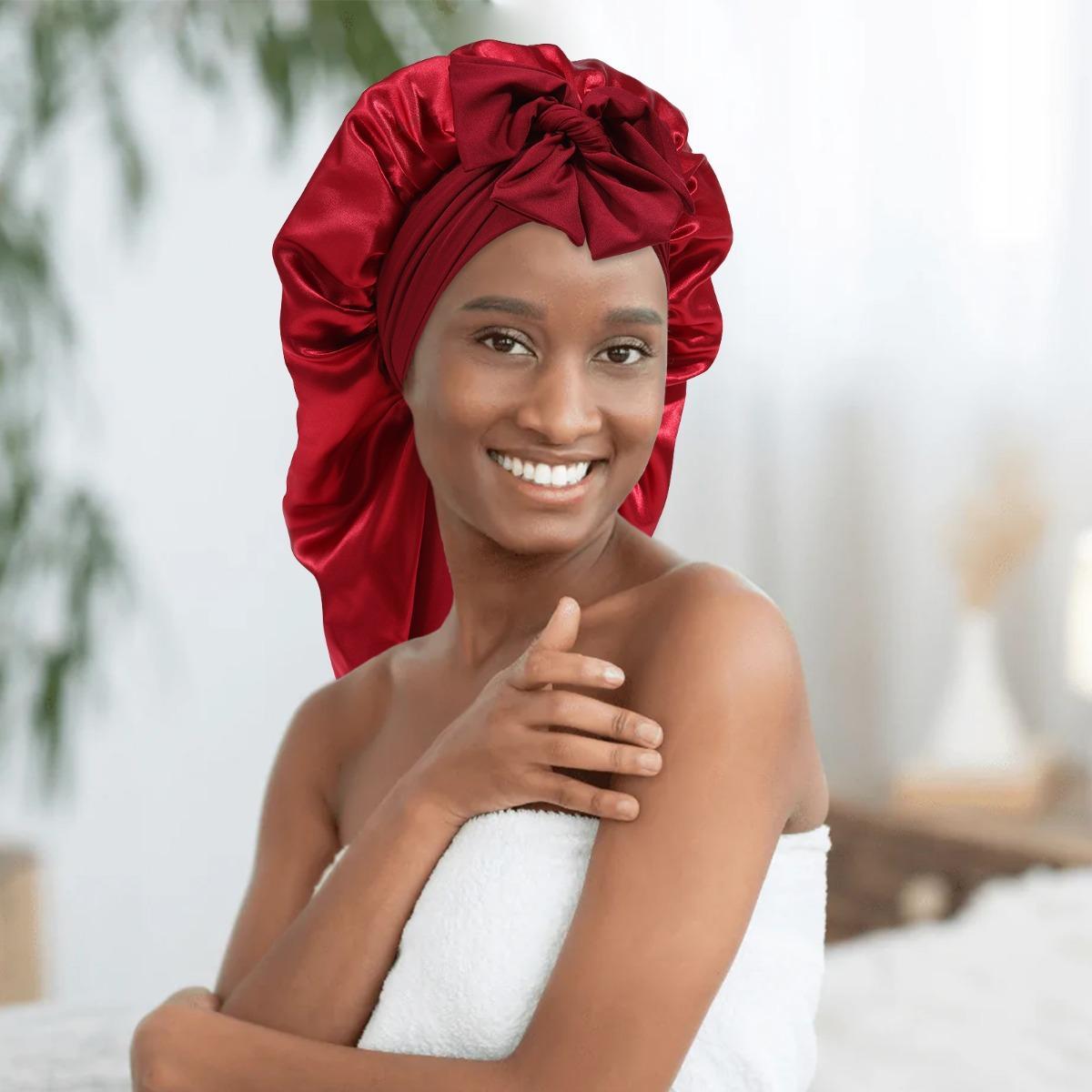 AWAYTR Double Layered Elastic Long Sleeping Cap for Women Solid Color Nightcap Satin Hat Tie Band Hair Care Chemical Cap