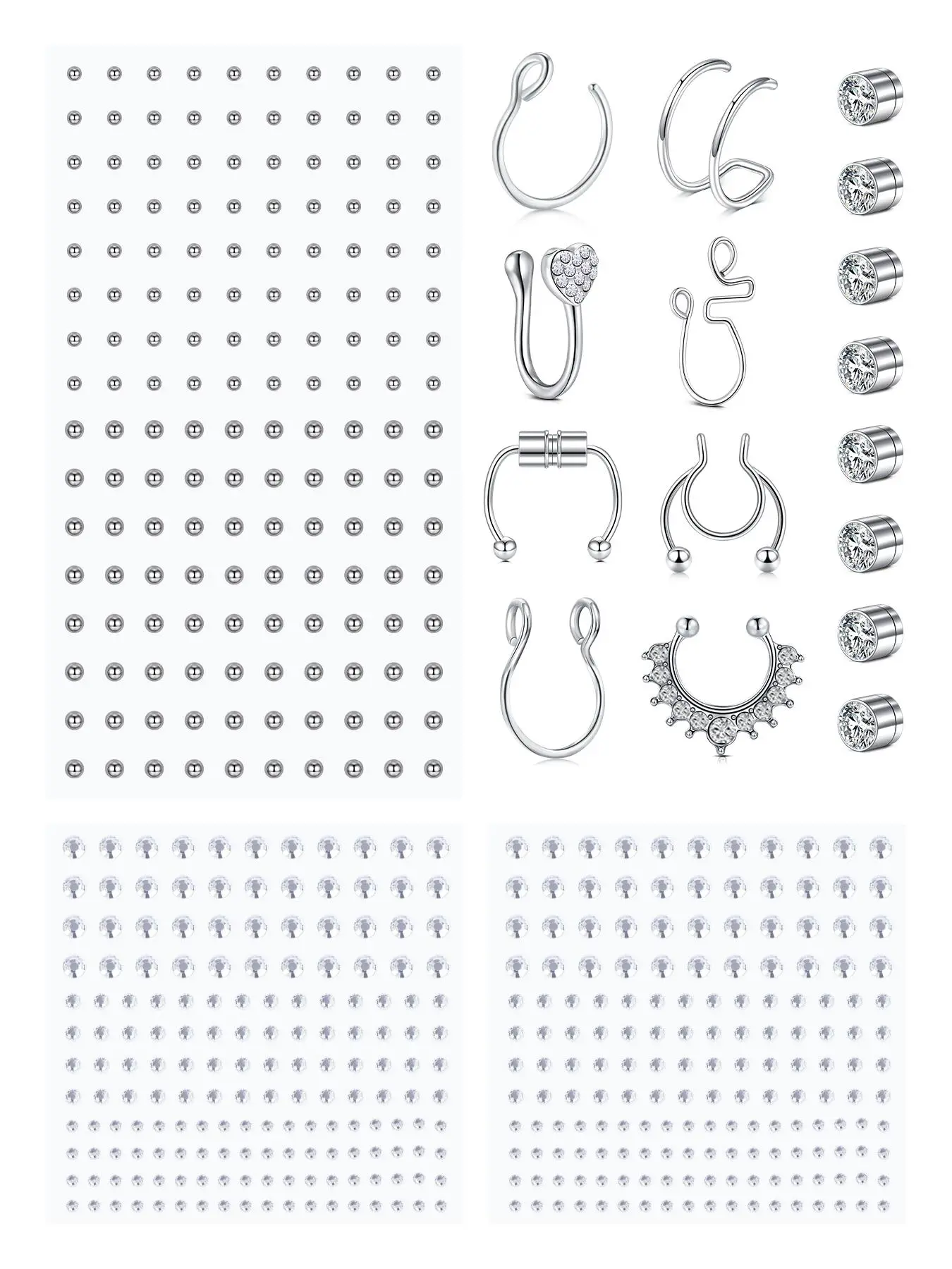 Face Gems and Non-Piercing Fake Jewelry Set, Silver Fake Nose Rings, Lip Rings, Magnetic Nose Studs and Self-Adhesive Face Stickers for Y2K Punk Halloween Makeup