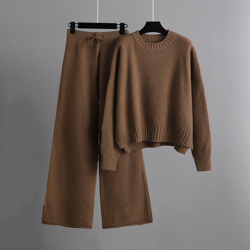 Women Wide Leg Pant Suits Thick Warm Women Sweater Tracksuits Two Piece Sets
