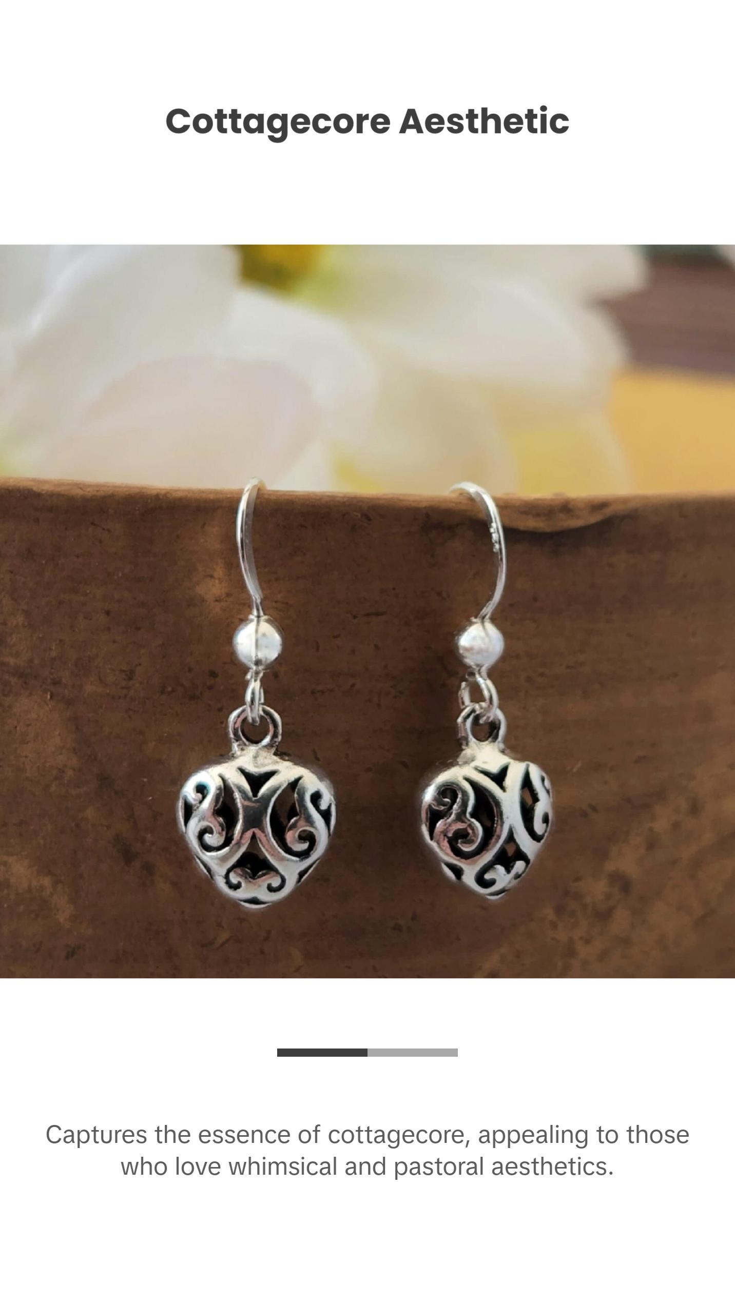 Whimsy Gothic Sterling Silver Filigree Heart Earrings | Cottagecore Jewelry Victorian Dangles