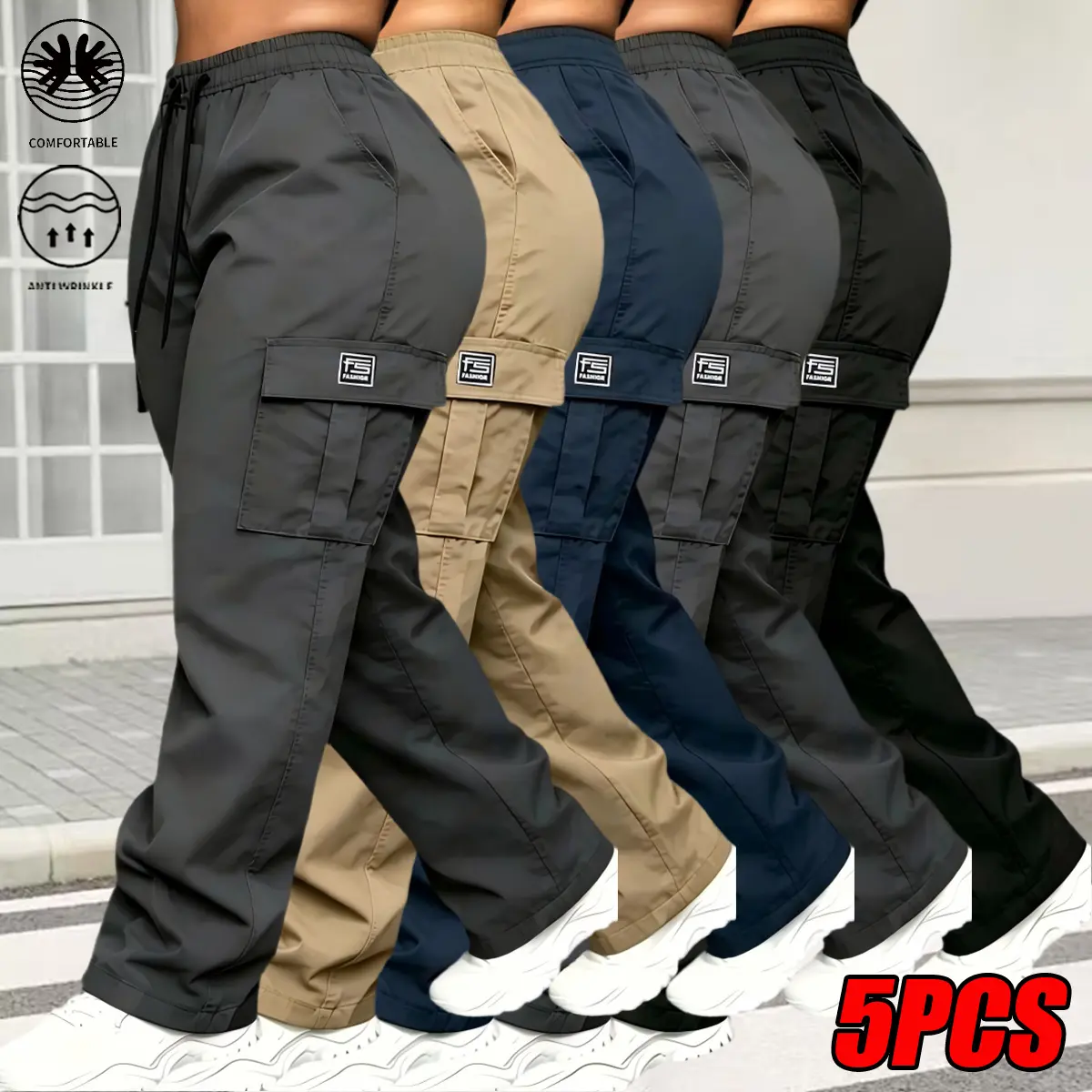 Women's 5-Pack Mid-Waist Wide-Leg Plain Polyester Cargo Pants - All-Season Casual Chic Essentials, Elastic Drawstring Waist, Utility Flap Pockets, Crisp Buttery-Soft Breathable Trousers for Office, Campus