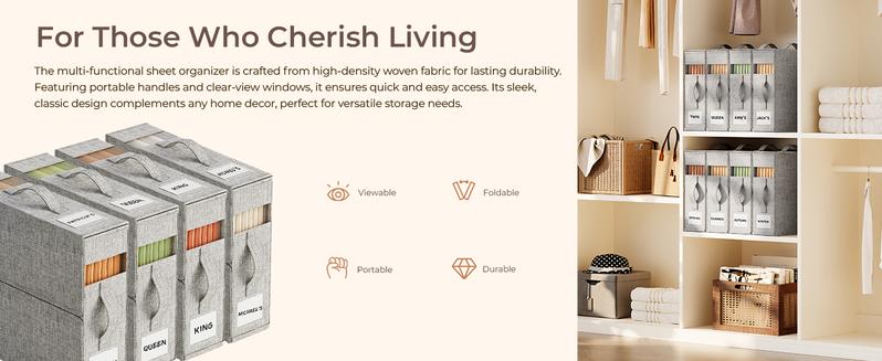 【NewYear2026】4Pack Bed Sheet Organizers for Linen Closet - King/Queen Size Bedding Storage Boxes with Clear Window, Foldable & Dustproof Linen Organizer for Blankets & Sheet Sets