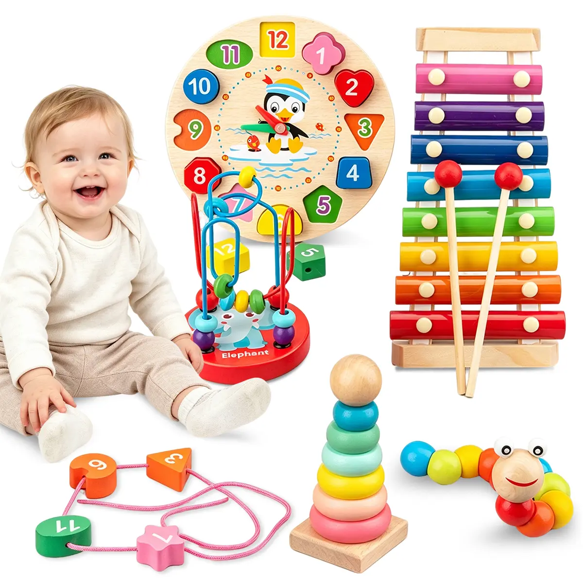 5-in-1 Solid Wood Montessori Busy Board - Preschool Educational Developmental Toy for 1-Year-Old, 18-36 Months Boys & Girls First Birthday Gift