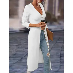 Solid Button Down Knit Cardigan, Elegant Long Sleeve Long Length Slim Cardigan, Women's Clothing Collar Fabric