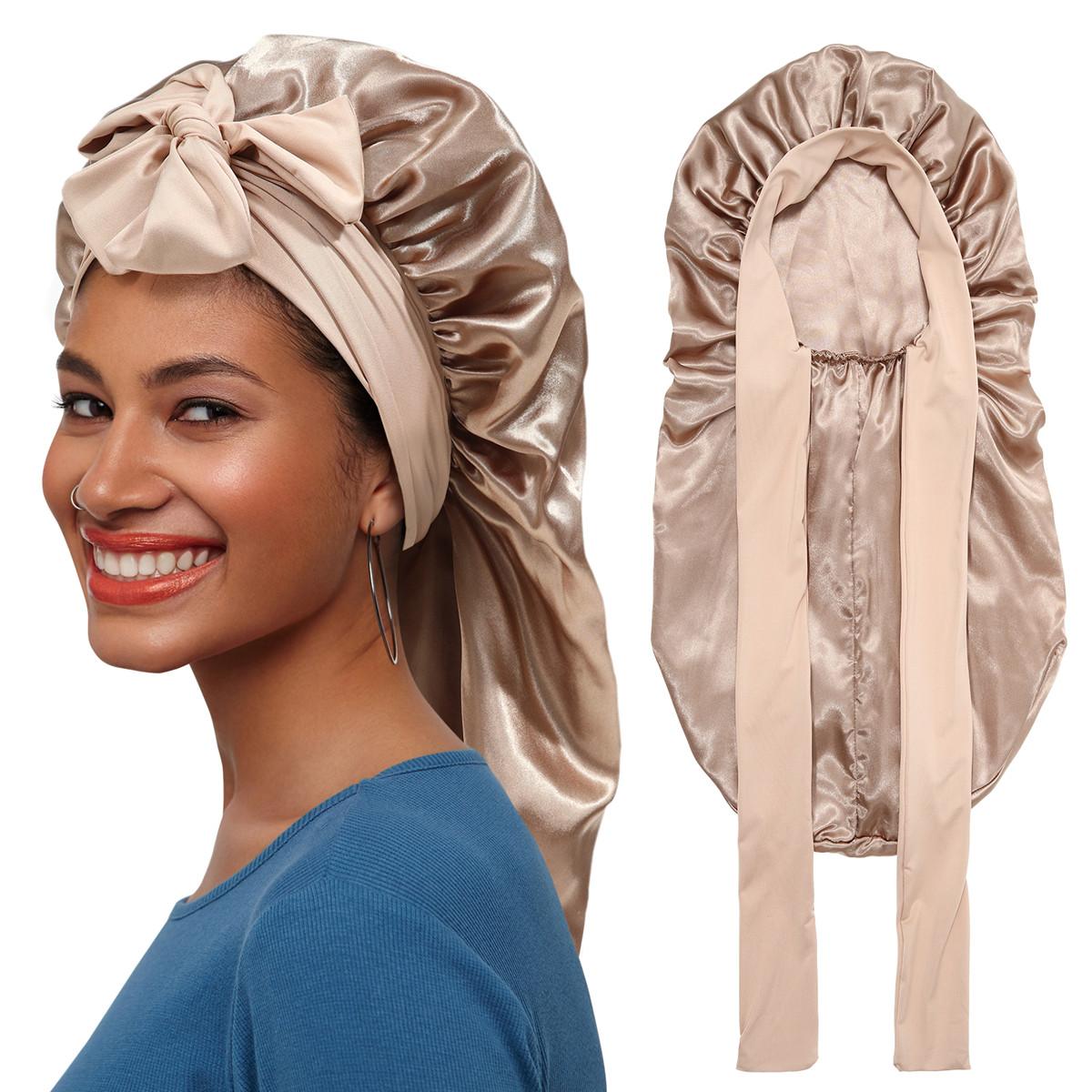 Single-Layer Summer Cool Style Solid Color Long Satin Bonnet Sleep Cap Adjustable Care Nightcap for Women Braids Curly Hair Natural Hair Wrap for Sleeping Cap with Tie Band Elastic Hair Care Bonnet