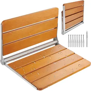 VEVOR Folding Teak Shower Seat, 20.9 x 16'' Unfolded, Wall Mounted Fold Up Shower Bench with 500 lbs Load Capacity, Space Saving Home Care Fold Down Shower Chair, for Seniors Pregnant Smooth Stainless