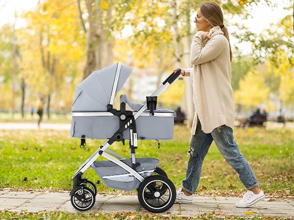 EROMMY 6-in-1 Baby Stroller with Bassinet, Convertible Infant Stroller with Adjustable Backrest & Canopy, Foldable Pushchair with Reversible Seat and Cover for Newborn 0-36 Months (Gray, Black)