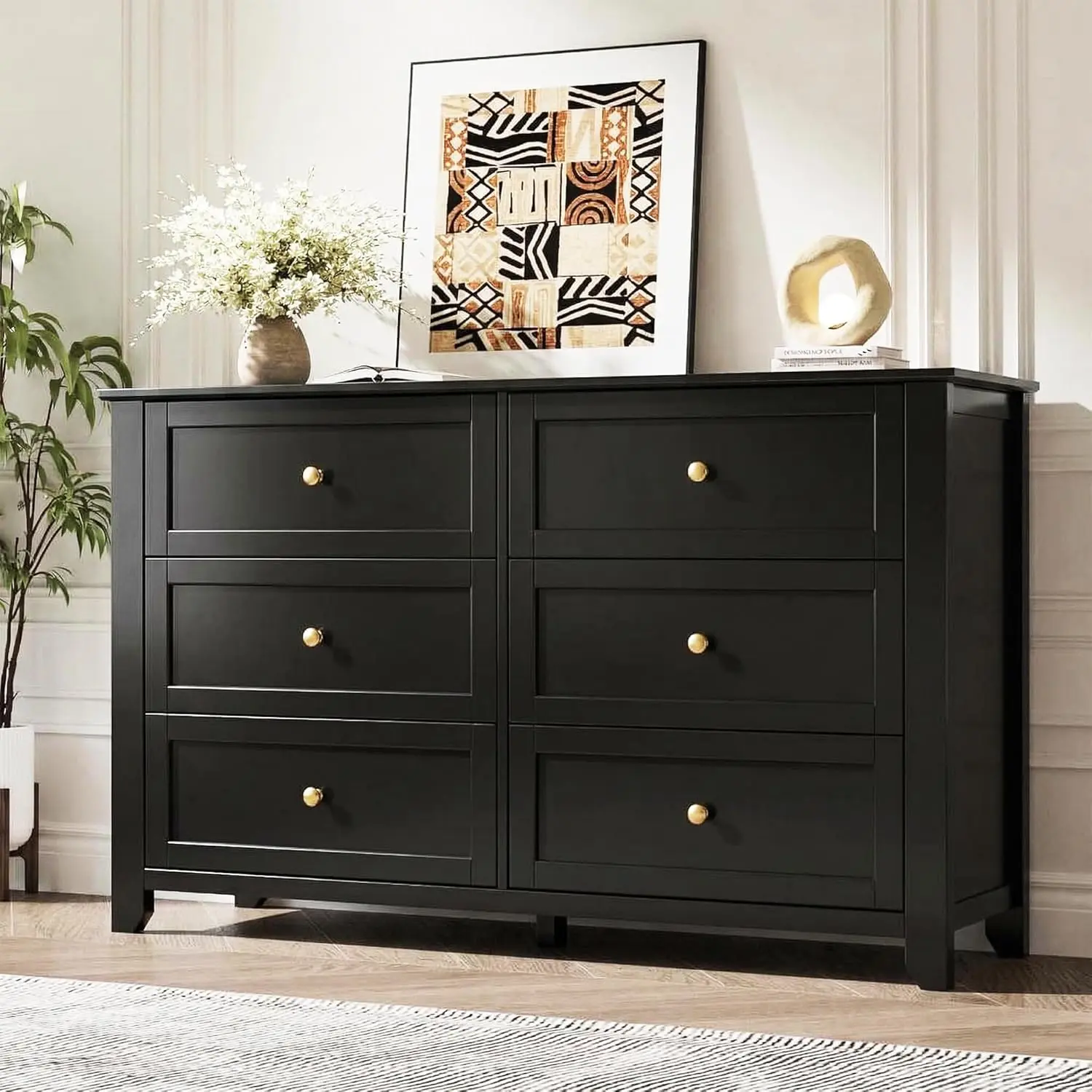 6 Drawer Wooden Dresser for Bedroom, Modern Chest of Drawers with Deep Drawers & Metal Knobs, Large Capacity Wood Dresser Storage Organizer for Entryway Hallway Closet Home Use