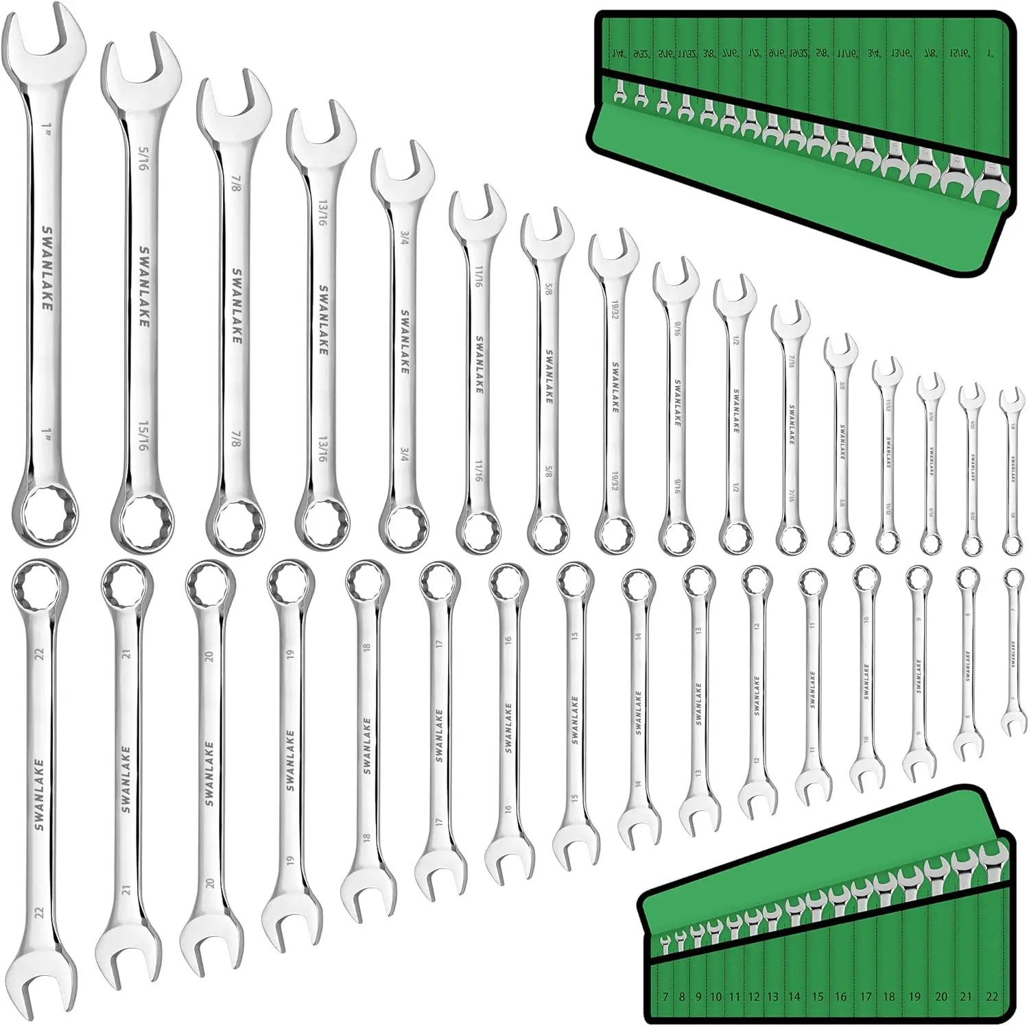 SWANLAKE 32-Piece Combination Wrench Set, SAE and Metric, 1/4"-1" & 7mm-22mm, 12 Point, Chrome Vanadium Steel Metric combination wrench green wrench christmas gift mechanic tool car repair men gift wrench set, Spring Glow Up