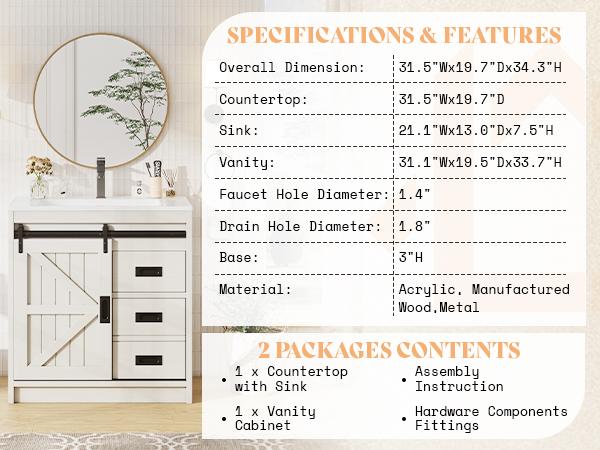 VanAcc Farmhouse Bathroom Vanity with Sink Combo, 31in Sliding Barn Door Bathroom Vanity Cabinet Set with Storage Drawers, Metal Handles, Small Single Bath Storage Vanity Sink VanAcc Farmhouse Bathroom Vanity with Sink Combo, 31in Sliding Barn Door Bathroom Vanity Cabinet Set with Storage Drawers, Metal Handles, Small Single Bath Storage Vanity Sink