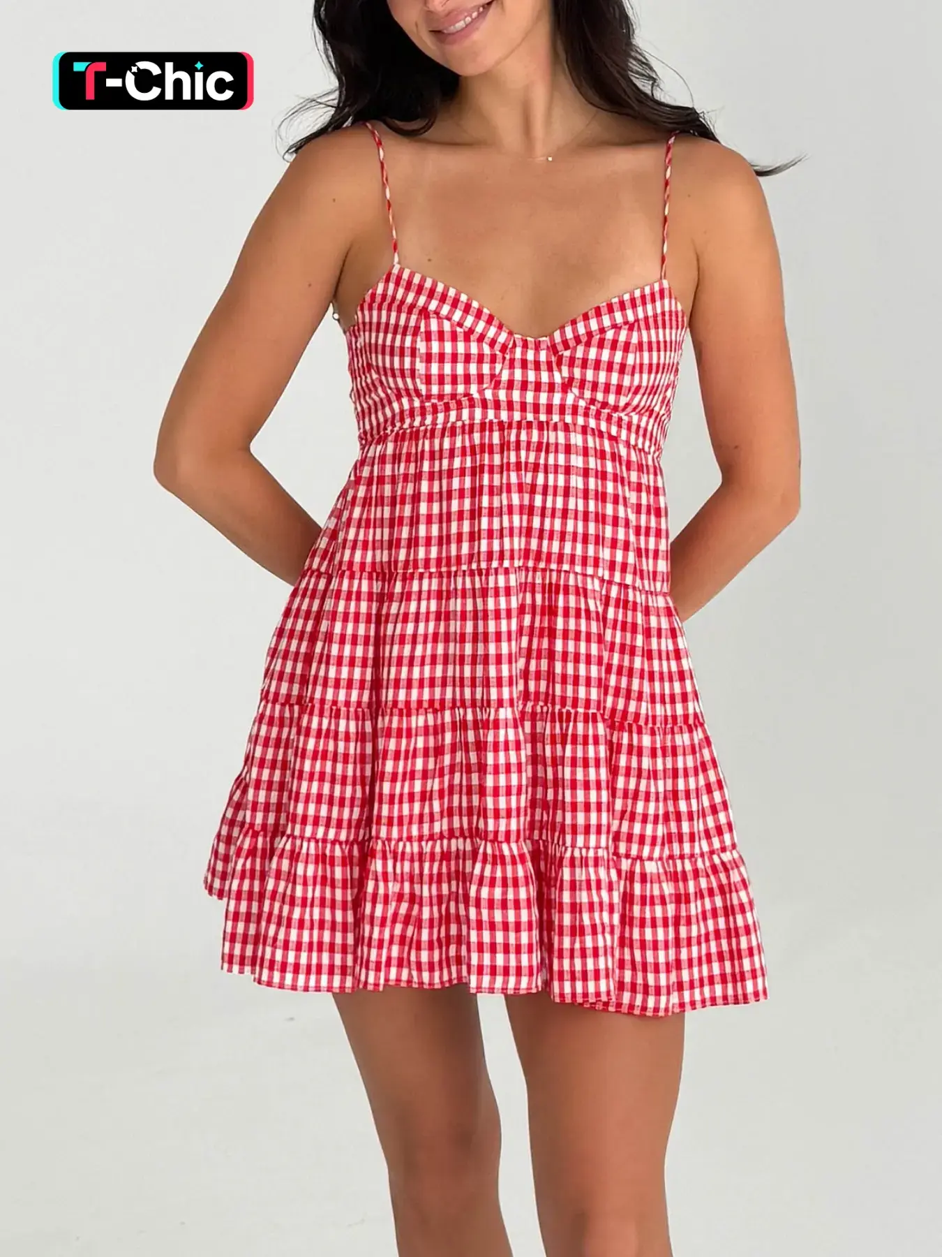 Women's plaid camisole backless strap Sleeveless dress - casual daily - suitable for summer Casual Everyday Wear dresses