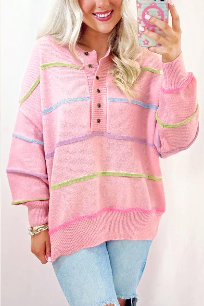 Znacicc Women's Sweater 2025 Valentine's Day Long Sleeve Tops Pink Rainbow Stripes Drop Shoulder Baggy Henley Knitwear