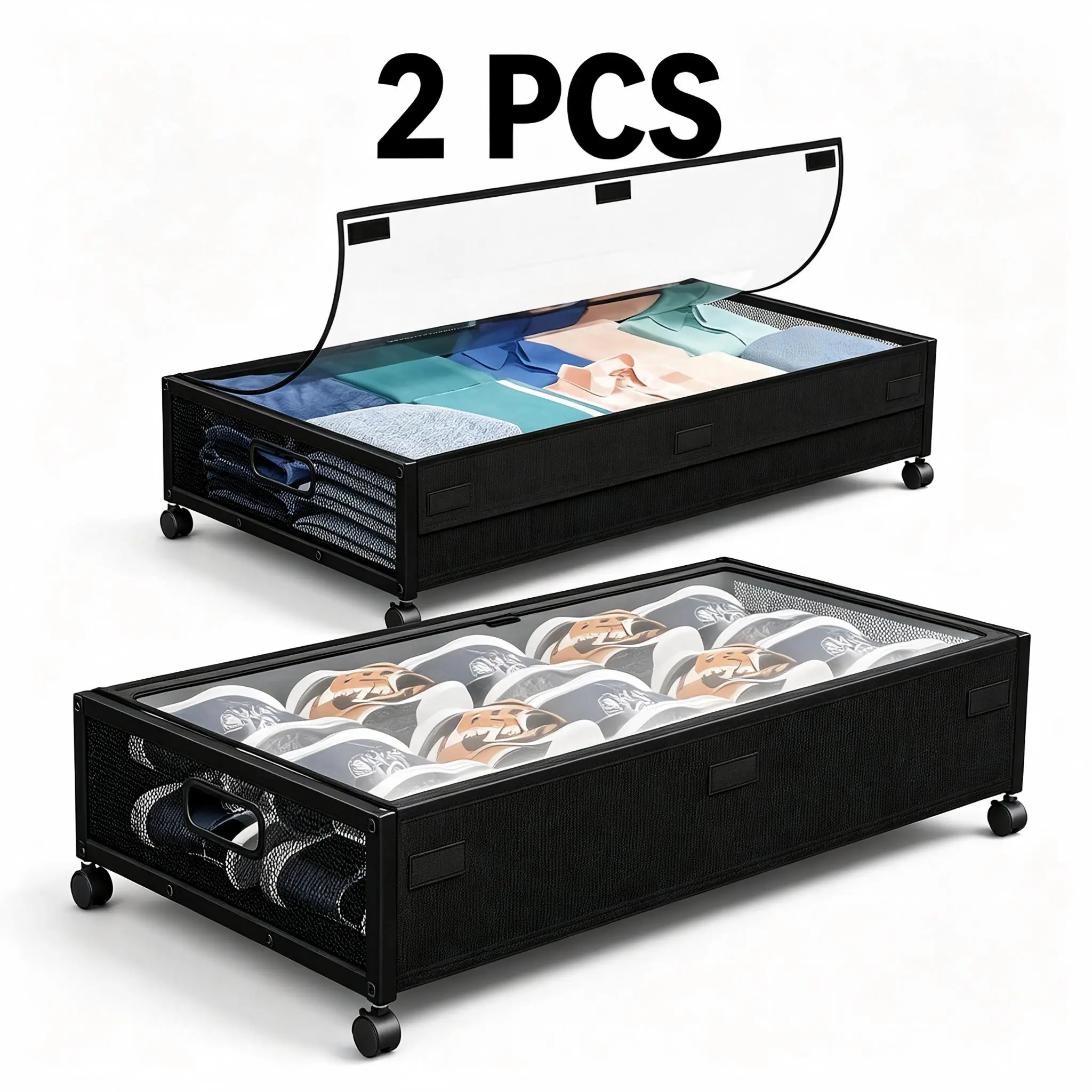 2pcs Under Bed Storage with Wheels, Underbed Storage Containers with Clear Lids - Rolling Drawers & Bins for Clothes, Shoes, Toys, Books, Blankets, Bedroom Storage Box Black And Gray, Under-Bed Storage