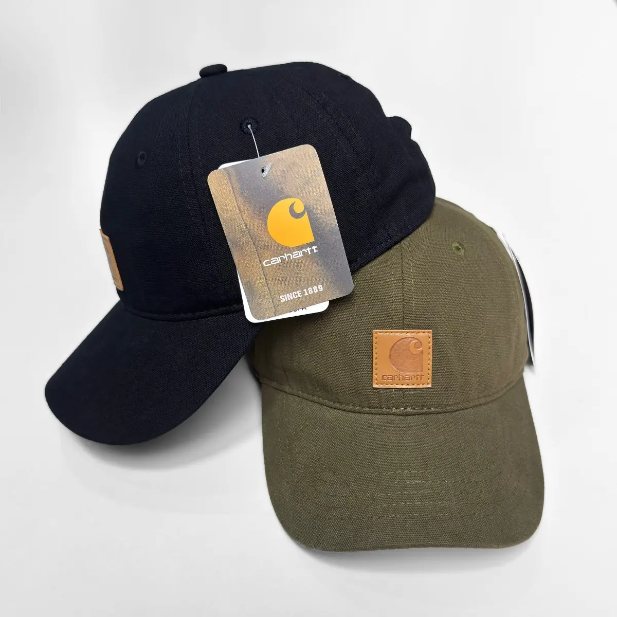 Carhartt Canvas Leather Patch Dad Hat, Unisex Adjustable Curved Brim Workwear Baseball Cap