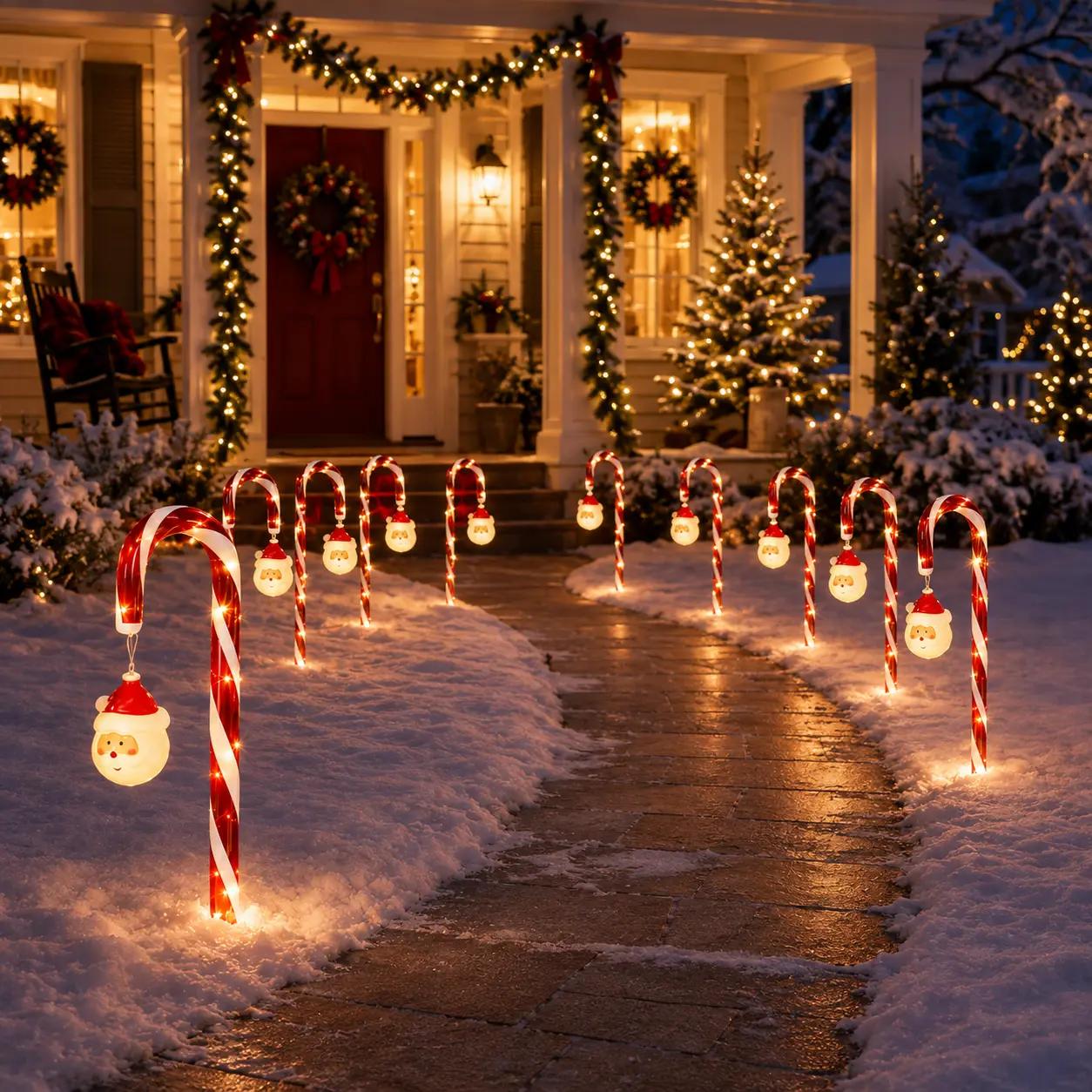 1 cane-style ground stake light / 12 solar warm candy cane ground stake lights — garden Santa path lights, IP44 waterproof; suitable for courtyard, garden, patio, holiday parties, front yard, and outdoor Christmas scene decoration