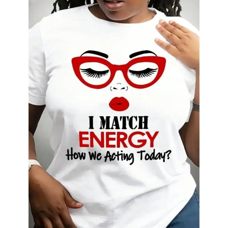 Women's Short-Sleeve Fit Soft T-Shirt - 1pc Casual Crew Neck, Medium Stretch, All-Season Alphabet Pattern, "I Match Energy" Slogan Top, Shortsleeve, Tshirt
