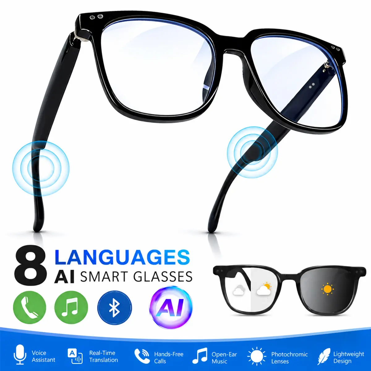 smart translation glasses feature automatically adjusting polarized Decorative lenses, a built-in speaker, microphone, and blue light blocking, allowing users to listen to music and make phone calls.IPX5 waterproof and dustproof rating,Birthday Gift