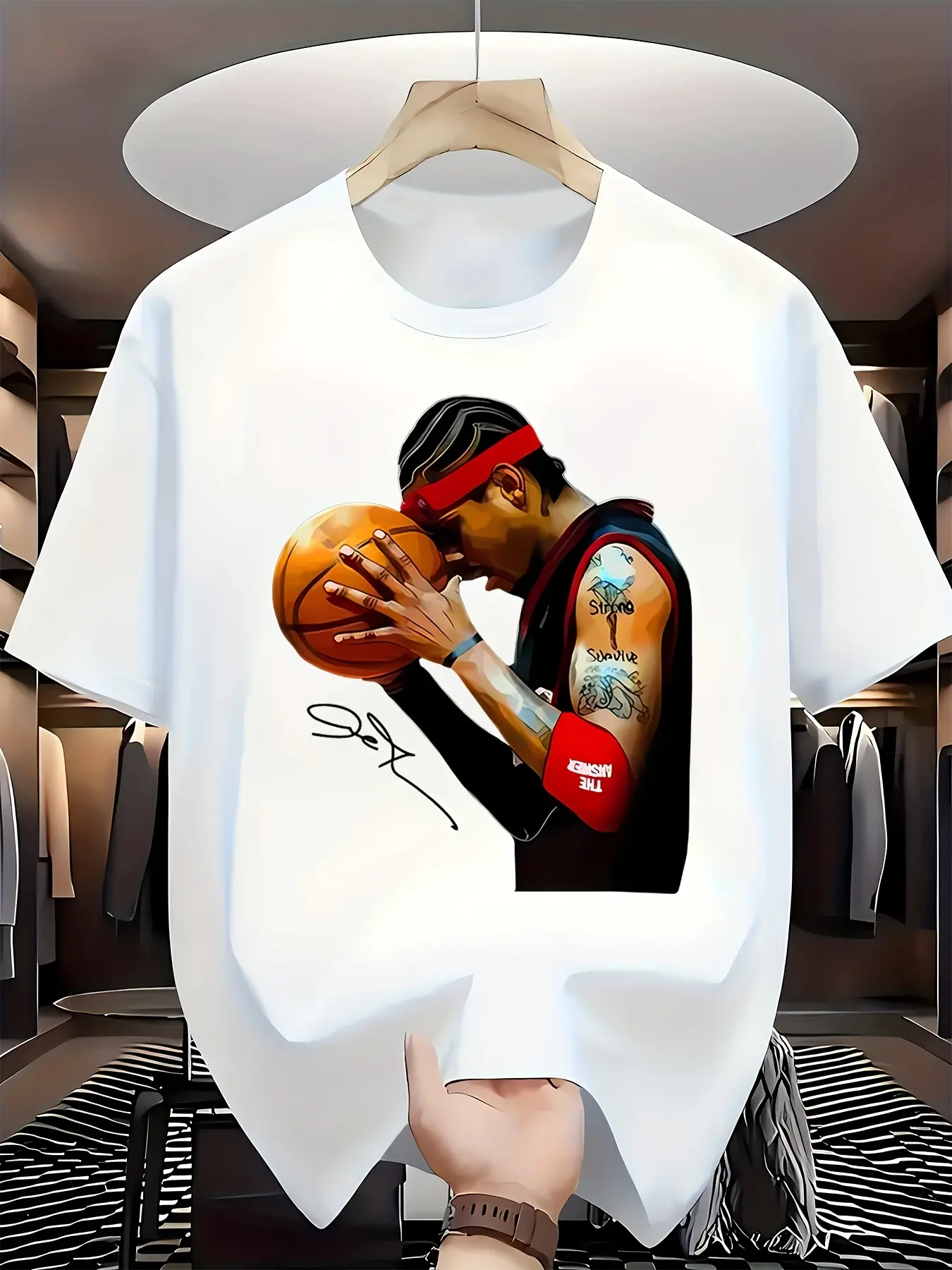 Men's Cotton Short-Sleeve Ribbed Knit Seamless Basketball Crew Neck Tee - Soft, Breathable, Elastic, Smooth Athletic Top with Dynamic Player Graphic & Red Bandana (Classical Fit, All Seasons, Cold Wash, Gym/Game Day Use, Machine Washable)