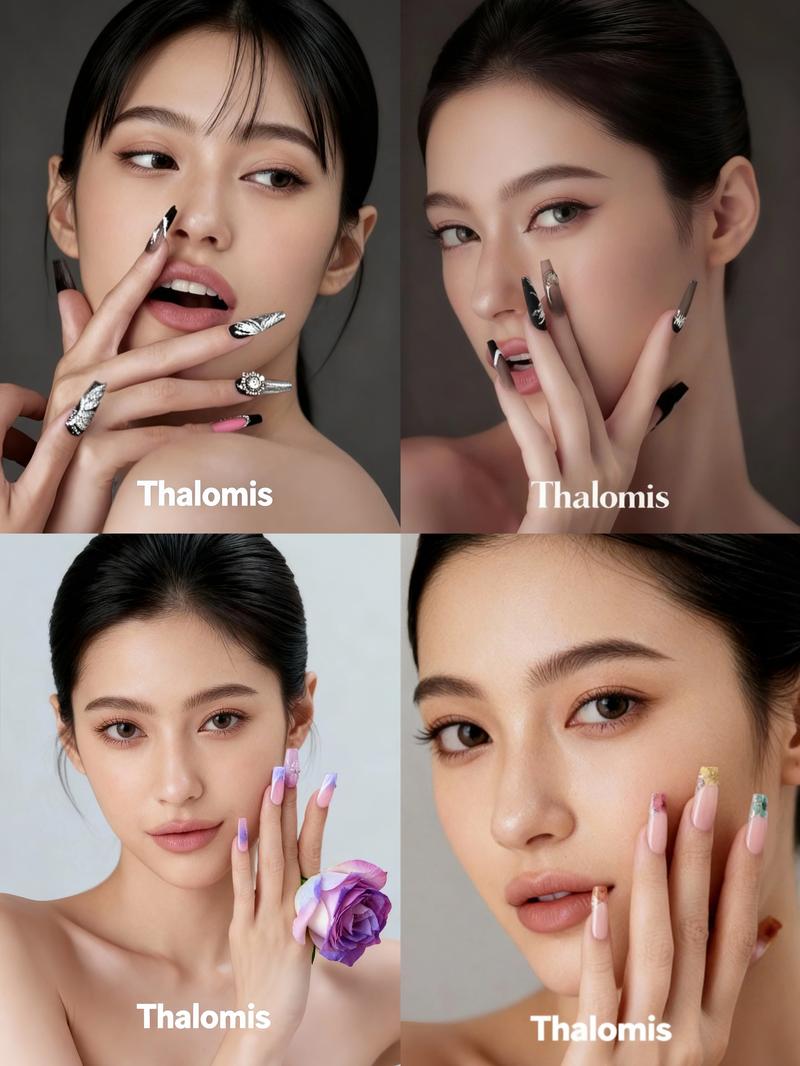 Thalomis° 100% Handmade Mystery Nail Set — Solid Design with Sticky Tabs, Nail File & Cuticle Stick, Natural Plant-Based Adhesive, Safe & Harmless Press-On Nails