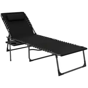 Outsunny Folding Chaise Lounge Chair Outdoor Tanning Chair with Side Table, 5-Level Adjustable Beach Lounge Chair with Headrest, Side Pocket for Patio, Backyard, Beach, Poolside, Black