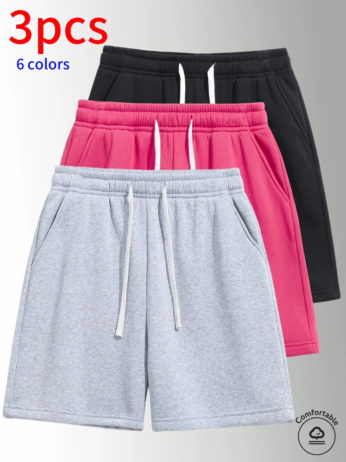 3-Pack men’s shorts: drawstring waist, mid-thigh length, simple solid colors that are easy to match. Suitable for summer daily commuting and work, outdoor running, holiday casual sports—wearable by both men and women.