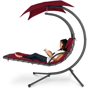 Best Choice Products Hanging Curved Chaise Lounge Chair Swing for Backyard, Patio w/ Pillow, Shade, Stand