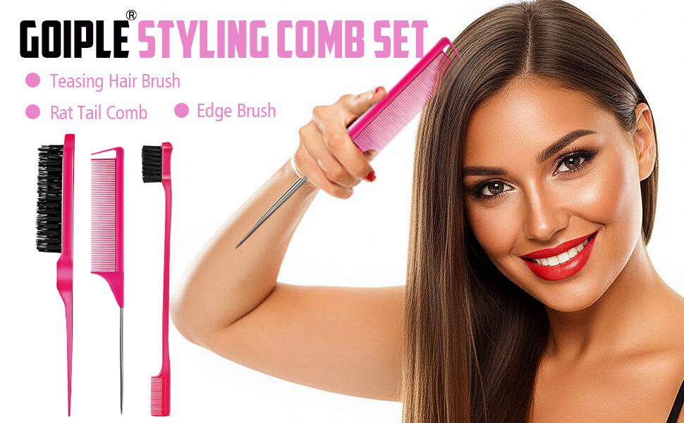 3 Count Comb Set for Teasing Edge and Back Brushing Rat Tail and Edge Combs Hair Stick for Styling Women's Haircare Smooth Heatless (Rose Pink)