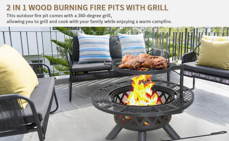 BALI OUTDOORS 2-in-1 Wood Burning Fire Pit with Removable Cooking Grill Black Ultra-Durable Iron Grate 360-Degree Rotation Adjustable Height for Heating and BBQ Christmas gift