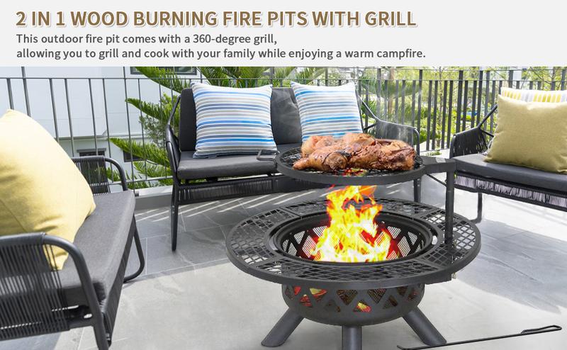 BALI OUTDOORS 2-in-1 Wood Burning Fire Pit with Removable Cooking Grill Black Ultra-Durable Iron Grate 360-Degree Rotation Adjustable Height for Heating and BBQ Christmas gift