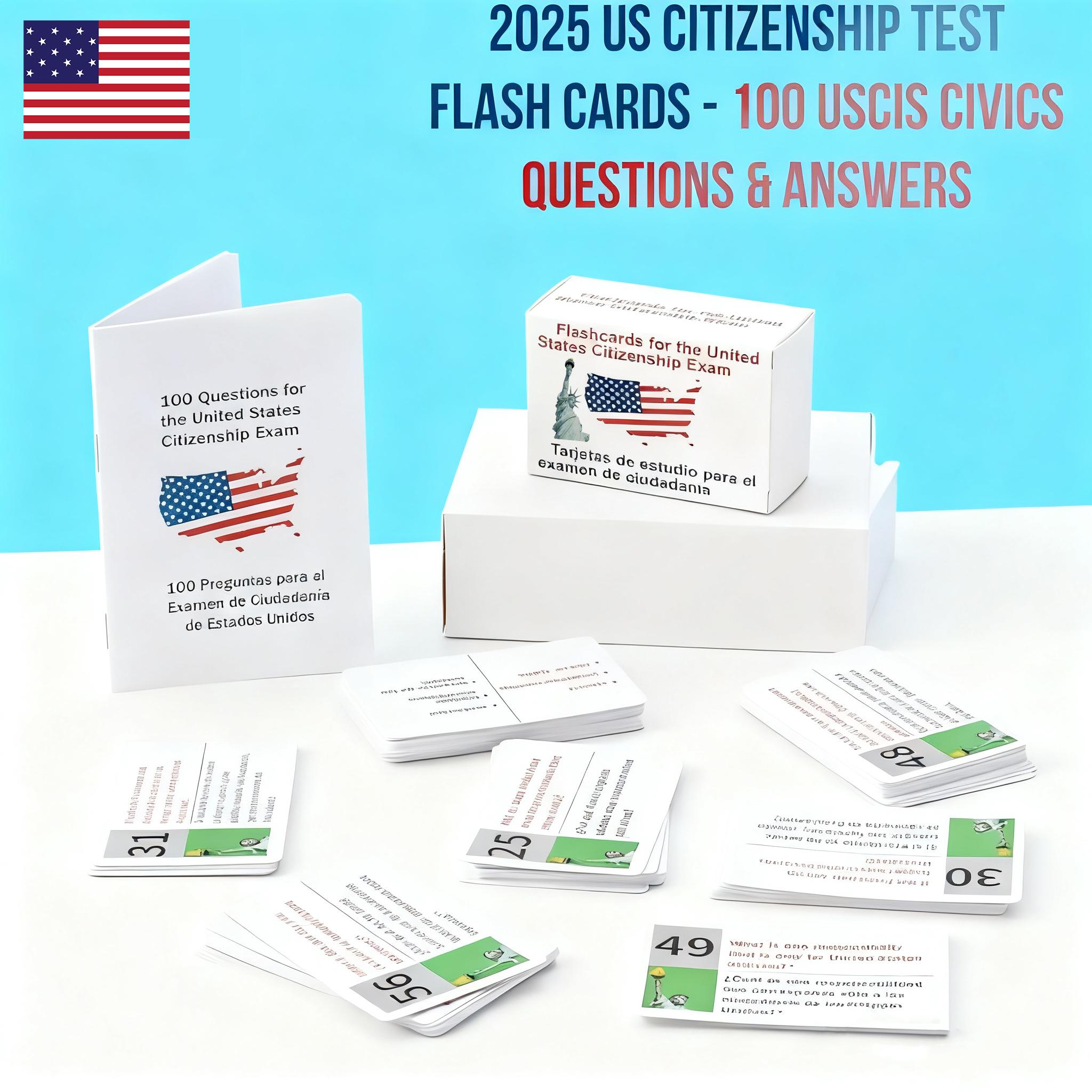 U.S Citizenship Flash Cards 2025 -English/Spanish,Naturalization Study Guide with 100 US Civics Questions & Answers, US Civics Test Flash Cards Combo Set, Set with Bilingual Booklet Flashcards college school supplies