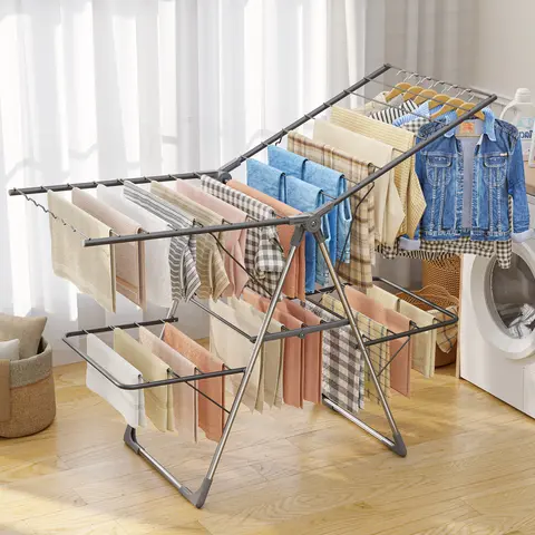 Foldable Freestanding Laundry Hanging Rack - Durable Sturdy Rack with Multiple Bars, Stable Base, Floor-Gripping Stay-Put Design, Easy Portability Between Rooms, Space-Saving for Indoor/Outdoor, Bathroom Use
