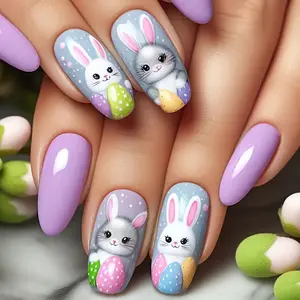 New Easter Press-On Nails – Purple Bunny Sweet Design, 24Pcs Reusable Fake Nails, Cute & Adorable Spring Holiday Nail Art for Women & Girls
