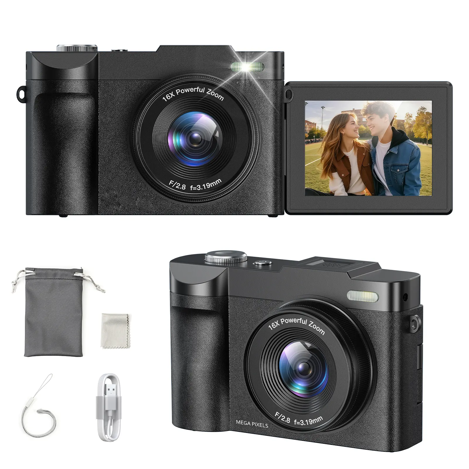ASPOVEN  Digital Camera with 32G SD Card, USB Charging 16X Digital Zoom Camera, Portable Camera for Photography with 180° Flip Screen, Compact Vlog Travel Camera Kit for Beginner, Teens