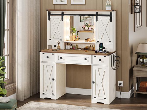 Valentine’s Gifts: Hasuit Farmhouse Vanity Desk with Mirror and Lights, White Makeup Dressing Table with Charging Station, Rustic Vanity Mirror with Sliding Barn Door, Vanity Table with 3 Adjustable Lighting Modes