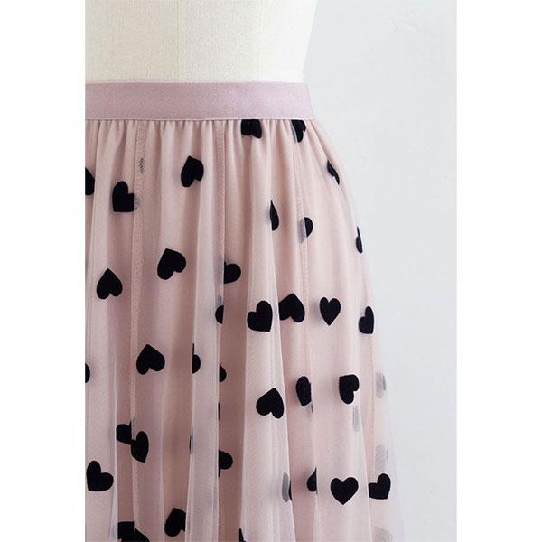 3D Heart Double-Layered Mesh Maxi Skirt – Flowy Tulle with Heart Details, Velvet Trim, Ethereal Silhouette, Elastic Waist, Perfect for Date Night, Parties & Special Occasions, Evening Wear