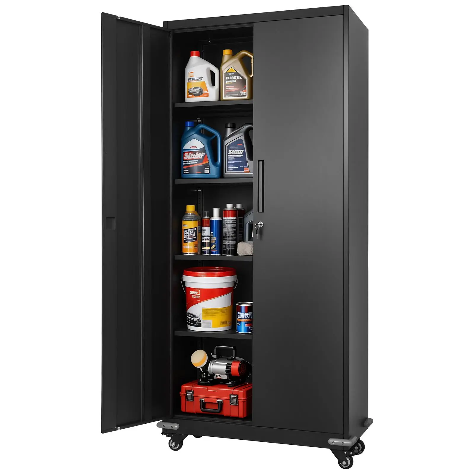【Summerfinds】VEVOR All Steel Storage Cabinet, 72.6 in Rolling 5-Shelf Lockable Tool Cabinet with 4 Adjustable Multi-Compartment Shelves, 2 Magnetic Doors & 2 Keys for Garage, Office, 5-Shelf Cabinets, Adjustable Multi-Compartment Cabinets