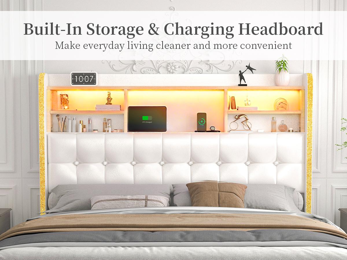 SIBEDS Queen Upholstered Bed Frame with LED Bookcase Headboard, Drawers, Charging Ports, and Tufted Wingback Design for Bedroom,White/Black/Cream/Gray