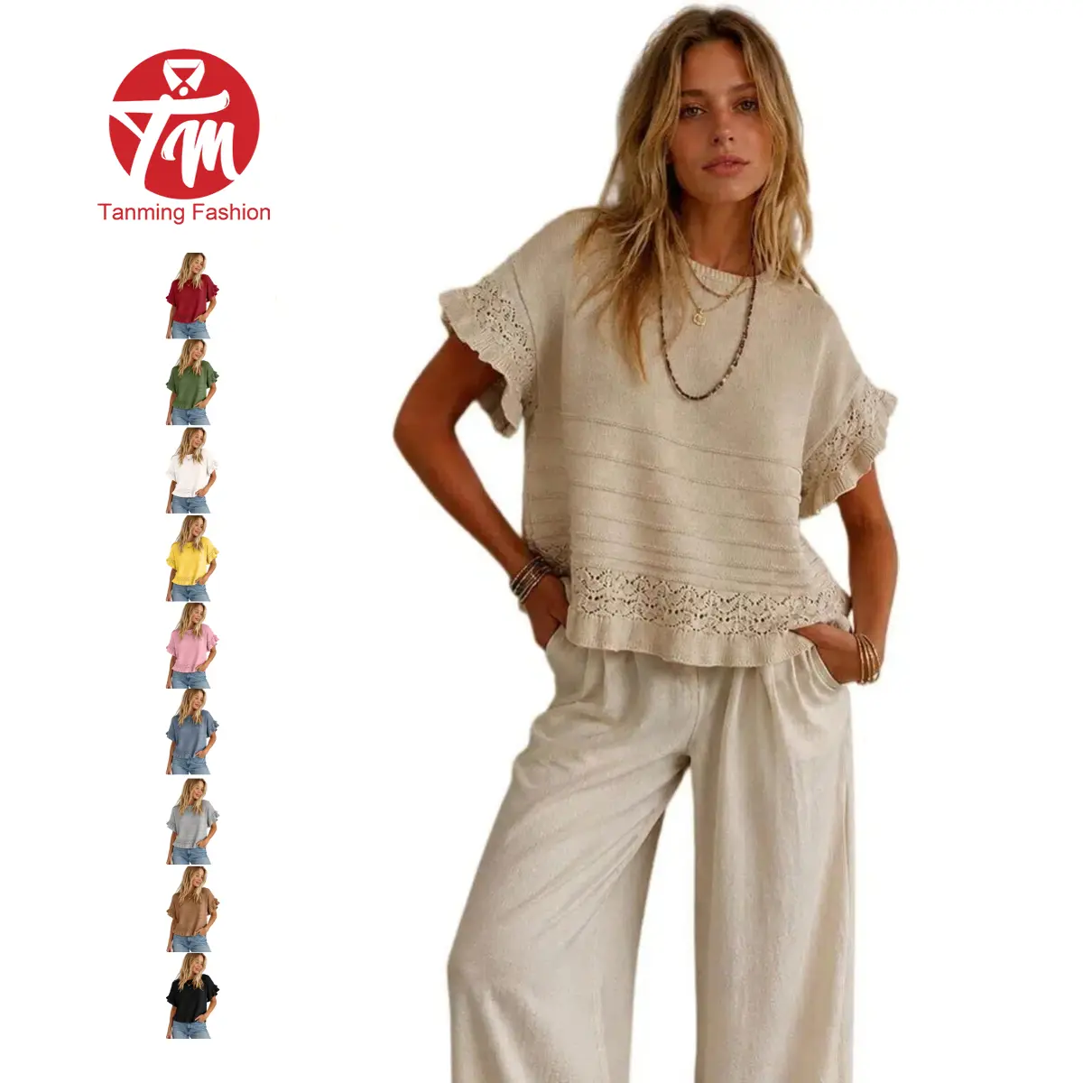Tanming Women's Short Sleeve Sweater Round Neck Ruffled Hem Knit Crochet Pullover Summer Fall Casual Top Blouse,back to school,back to school shopping
