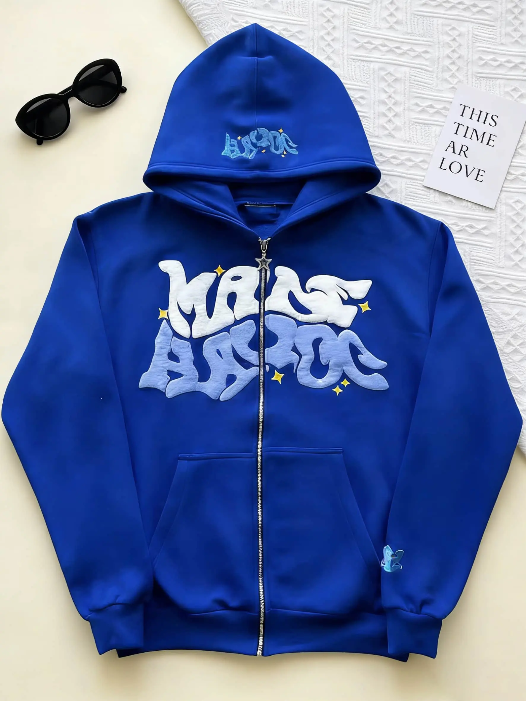 Hip Hop 3D Foam Graffiti Letter Print Zip-Up Hoodie, Men's Loose