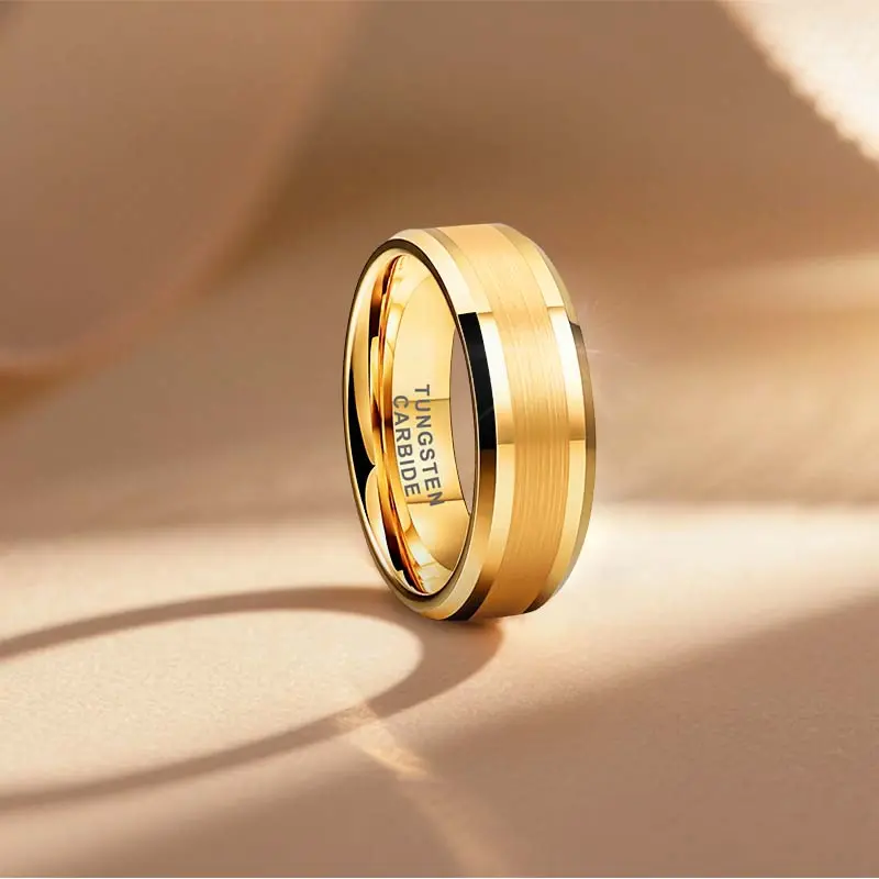 Men's 8mm Gold Brushed Tungsten Wedding Band Polished Beveled Edges Comfort Fit Scratch Resistant - Yonifu Durable Luxury Anniversary Gift for Him Stackable  engagement ring