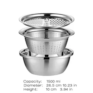 Three-in-One Stainless Steel Colander Set Includes vegetable washing basket, draining basket and chopping tool Versatile for washing rice, fruit and vegetables A practical and durable kitchen essential