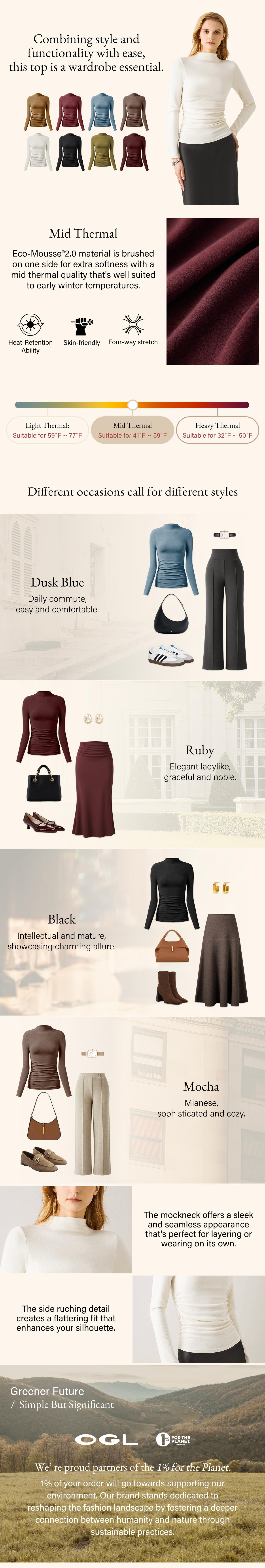 OGL ProWarm 2Pcs Set Thermal Ruched Sides Tuckable Mockneck Top for 41°F - 59°F Comfort  Casual Womenswear teacher bae's outfit SpringStatements