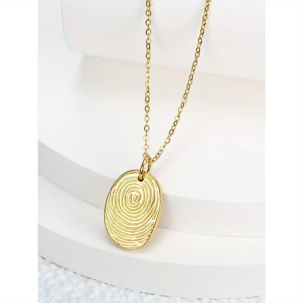 Elegant Stainless Steel Pendant Necklace for Women, Gold Tone Fingerprint Oval Design, Anniversary Fashion Jewelry, Geometric