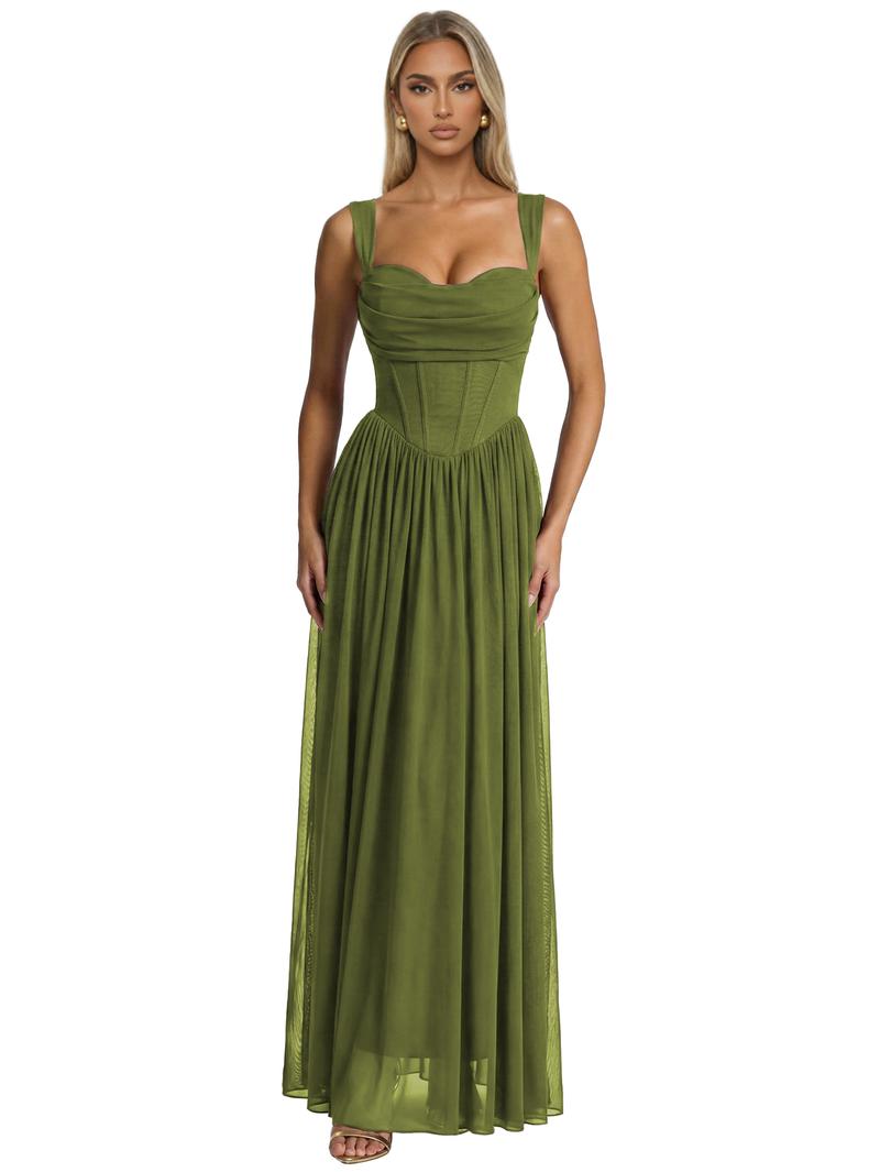 Curvysweet Cowl Neck Bridesmaid Dress for Women Sleeveless Built-In Bra A-Line Maxi Dress with Adjustable Straps Ruched Waist Elegant Evening Party Gown