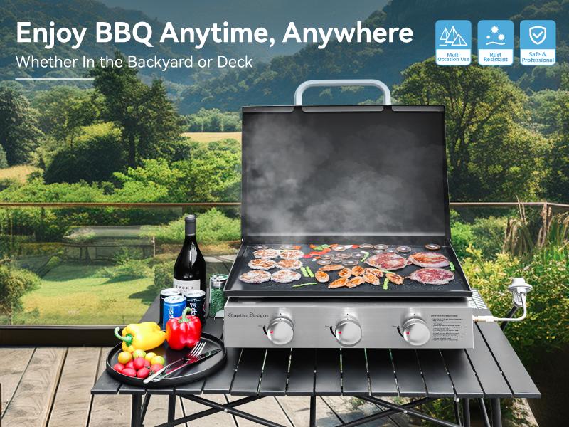 Kitchen Academy 27 Inch Flat Top Grill with Ceramic Coated Cast Iron Pan, 3-Burner Propane Gas, Nonstick Design, Stainless Steel Barbecue Home Food Kitchenware