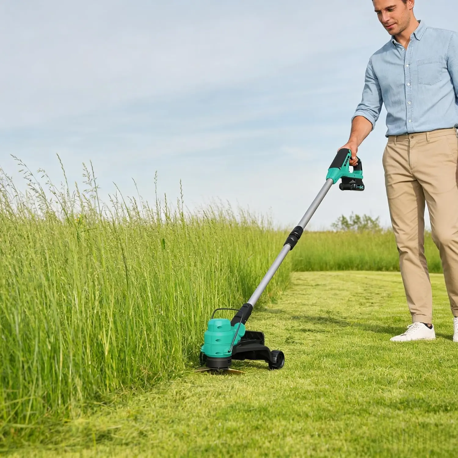 2-in-1 Wire-Free 20V String Trimmer & Edger - 12-in, Wheels, Line Feed, 2x2.0Ah Batteries, Fast Charger, 8 Spool Lines, 60 Minutes Charge, 180° Adjustment - Versatile Weed Wacker for Lawns, Garden - Black-Lake Blue 3262c, Wireless
